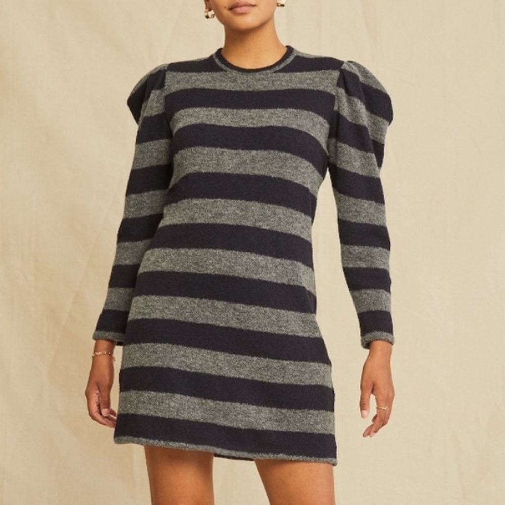 Amour Very Rosemary Stripe Puff Shoulder Long Sleeve Wool Blend Dress NWT Size S